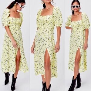 For Love & Lemons Midi Dress Size Small Yellow With White Flowers Front Slit